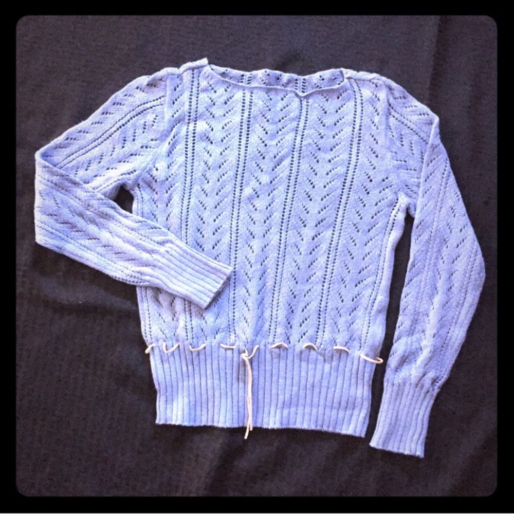 Slate blue boatneck sweater with drawstring waist